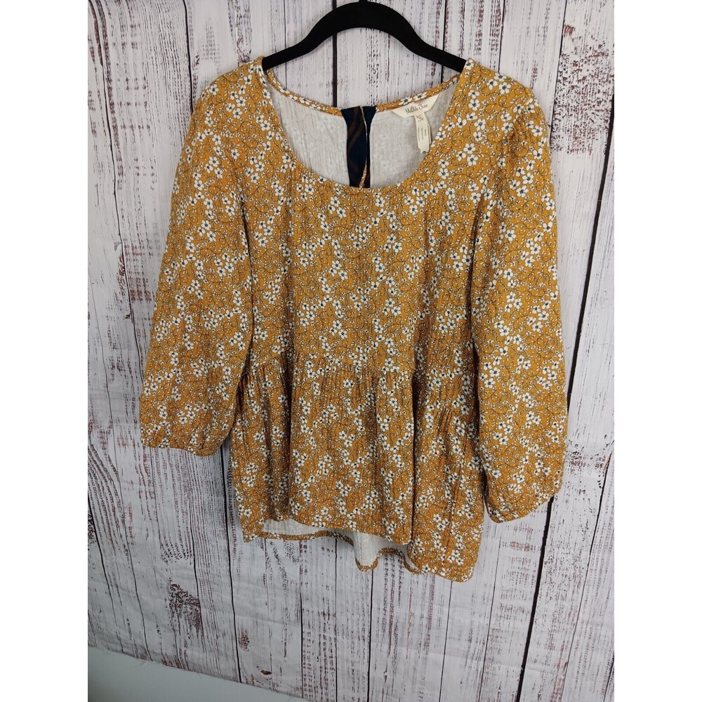 Matilda Jane Top Women's Medium mustard  Floral Print cotton 3/4 Sleeve  BOHO
